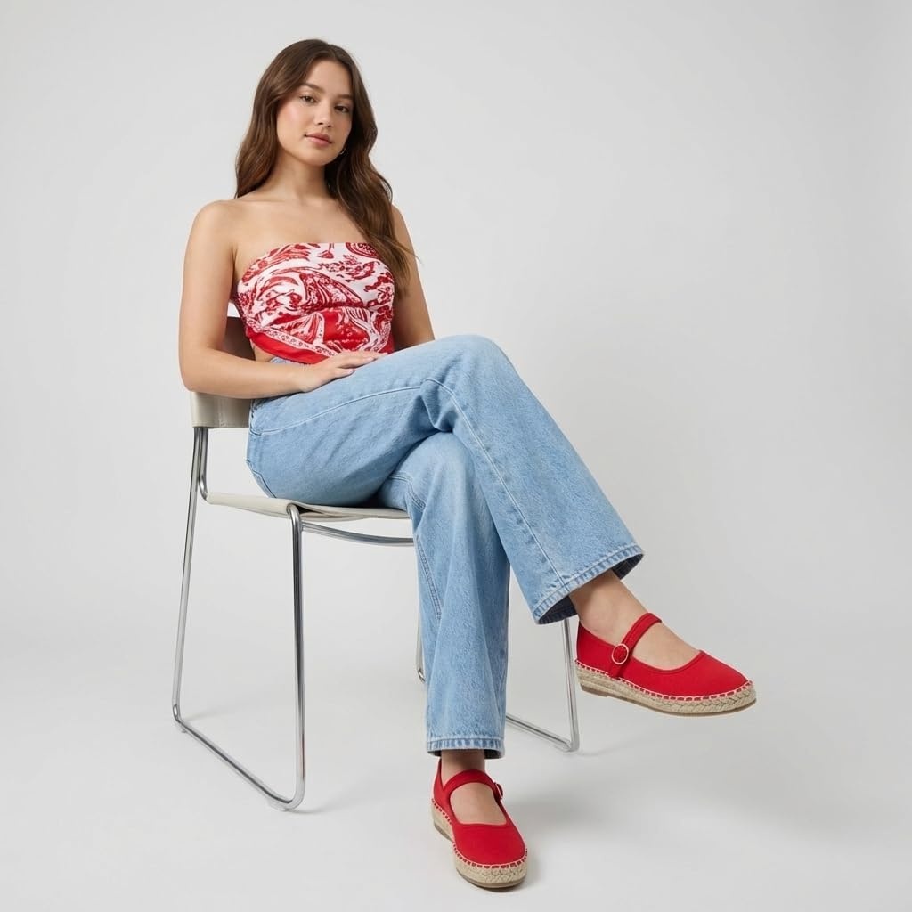 image:imageCUSHIONAIRE Tapas Canvas Mary Jane Flat Espadrilles for Women Cushioned Comfort Closed Toe with Adjustable StrapRed