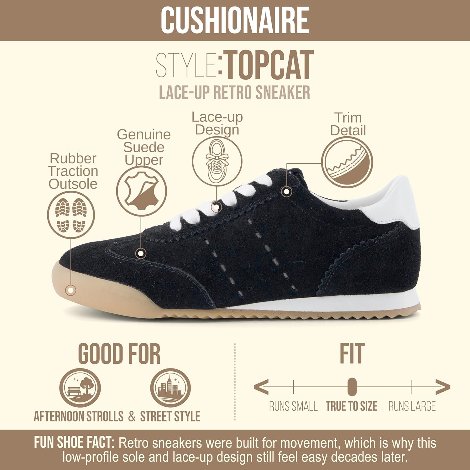 image:imageCUSHIONAIRE Topcat Genuine Leather Suede Sneakers for Women Lightweight Everyday Casual Womens Shoes with Retro Style and Cushioned ComfortBlack