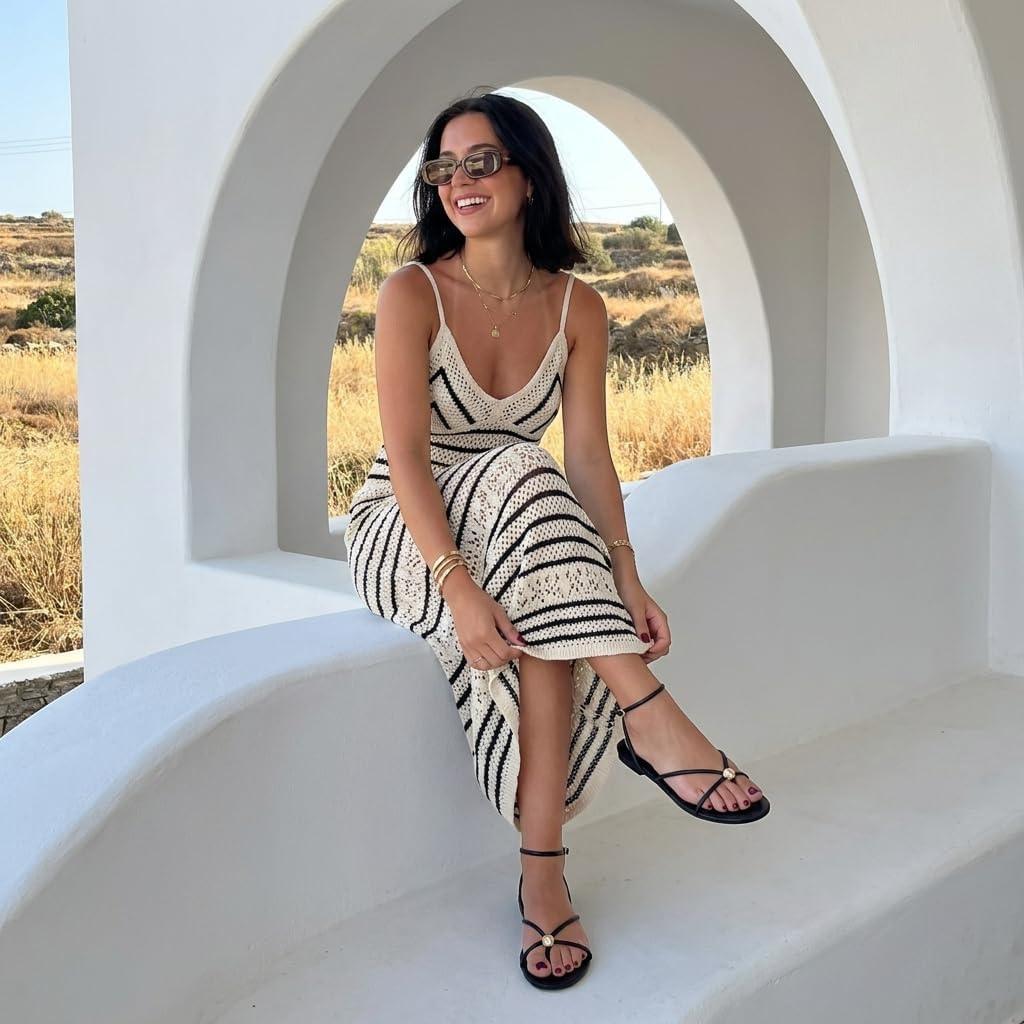 image:imageCUSHIONAIRE Tory Strappy Flat Sandals for Women Toe Ring Sandals with Adjustable Buckle Ankle Strap Wrap StyleBlack