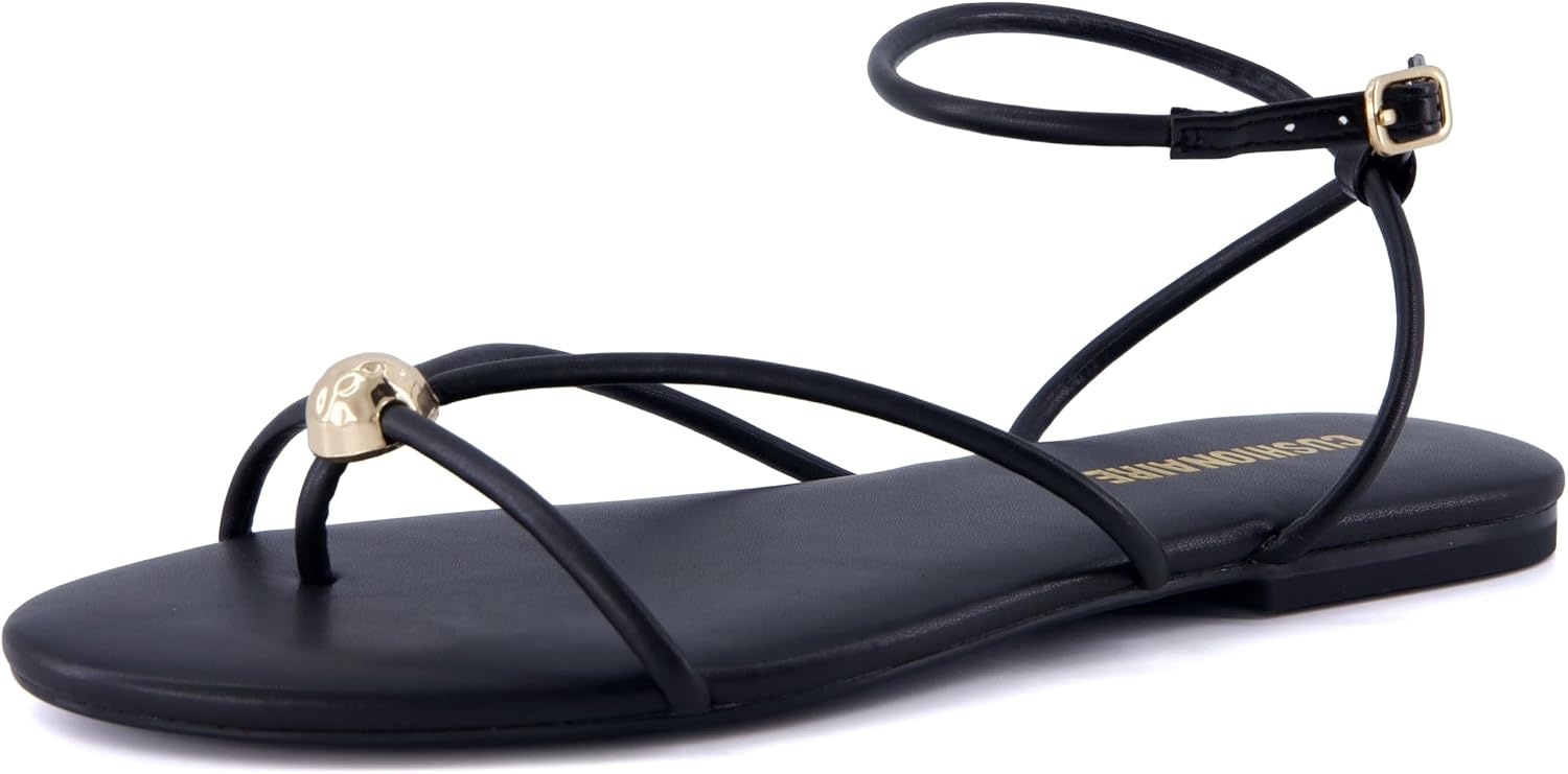 image:imageCUSHIONAIRE Tory Strappy Flat Sandals for Women Toe Ring Sandals with Adjustable Buckle Ankle Strap Wrap StyleBlack