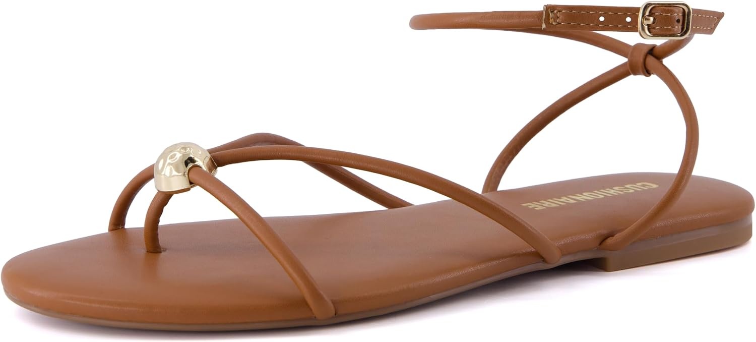 image:imageCUSHIONAIRE Tory Strappy Flat Sandals for Women Toe Ring Sandals with Adjustable Buckle Ankle Strap Wrap StyleWhiskey