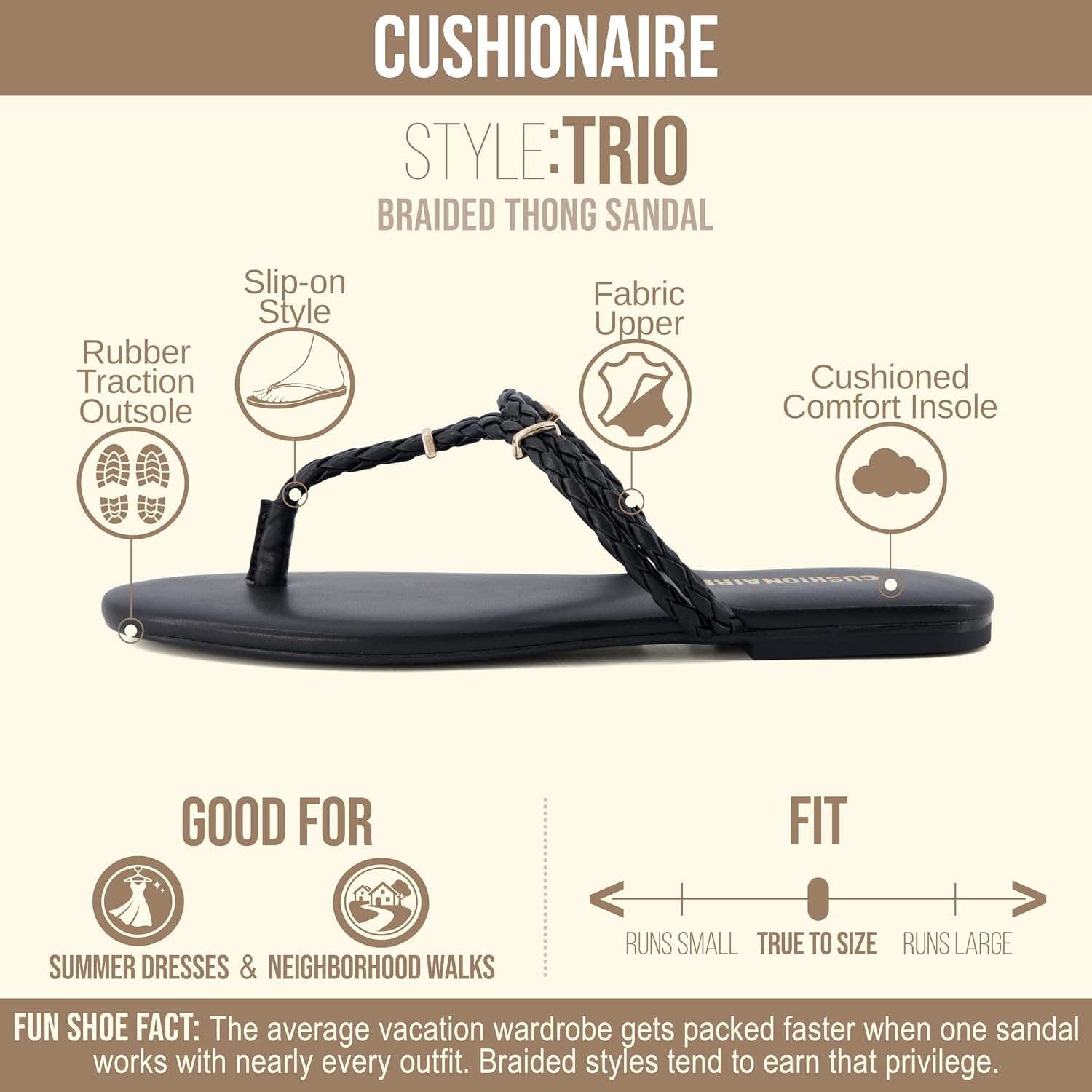 image:imageCUSHIONAIRE Trio Flip Flops for Women Comfortable Beach Sandals with Braided Thong Strap Memory Foam Footbed and Metallic Ring AccentsBlack