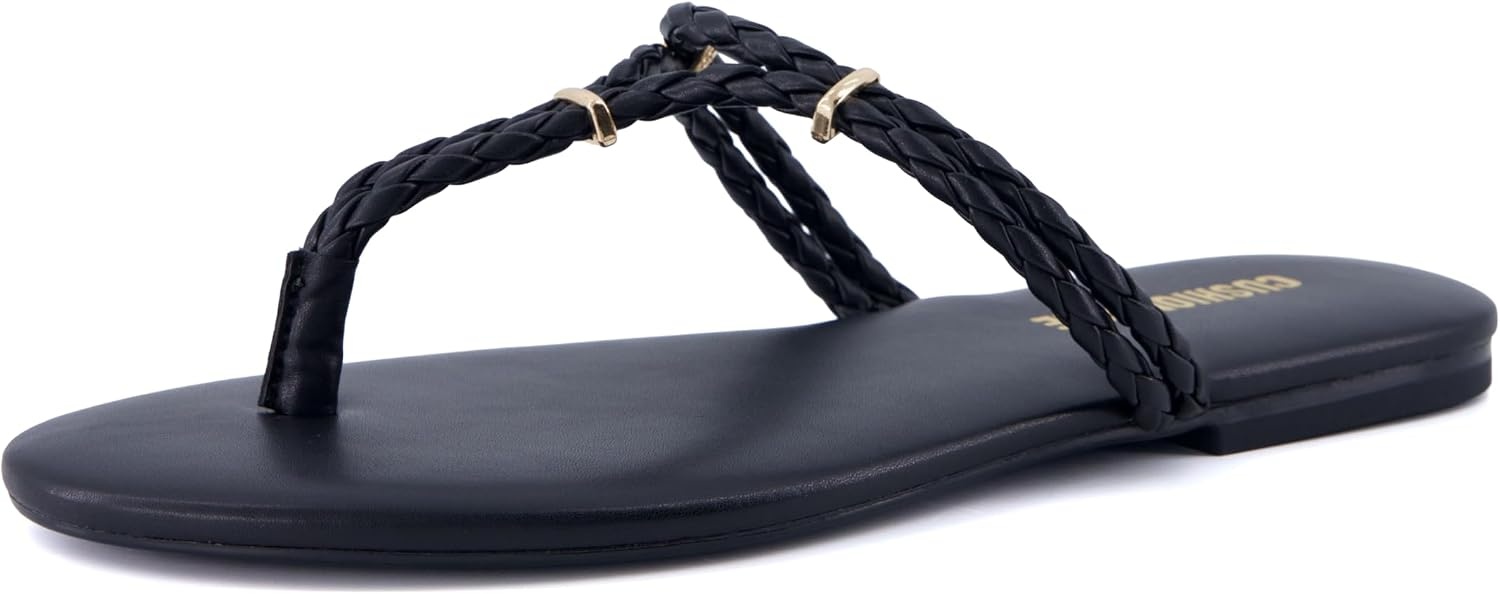 image:imageCUSHIONAIRE Trio Flip Flops for Women Comfortable Beach Sandals with Braided Thong Strap Memory Foam Footbed and Metallic Ring AccentsBlack