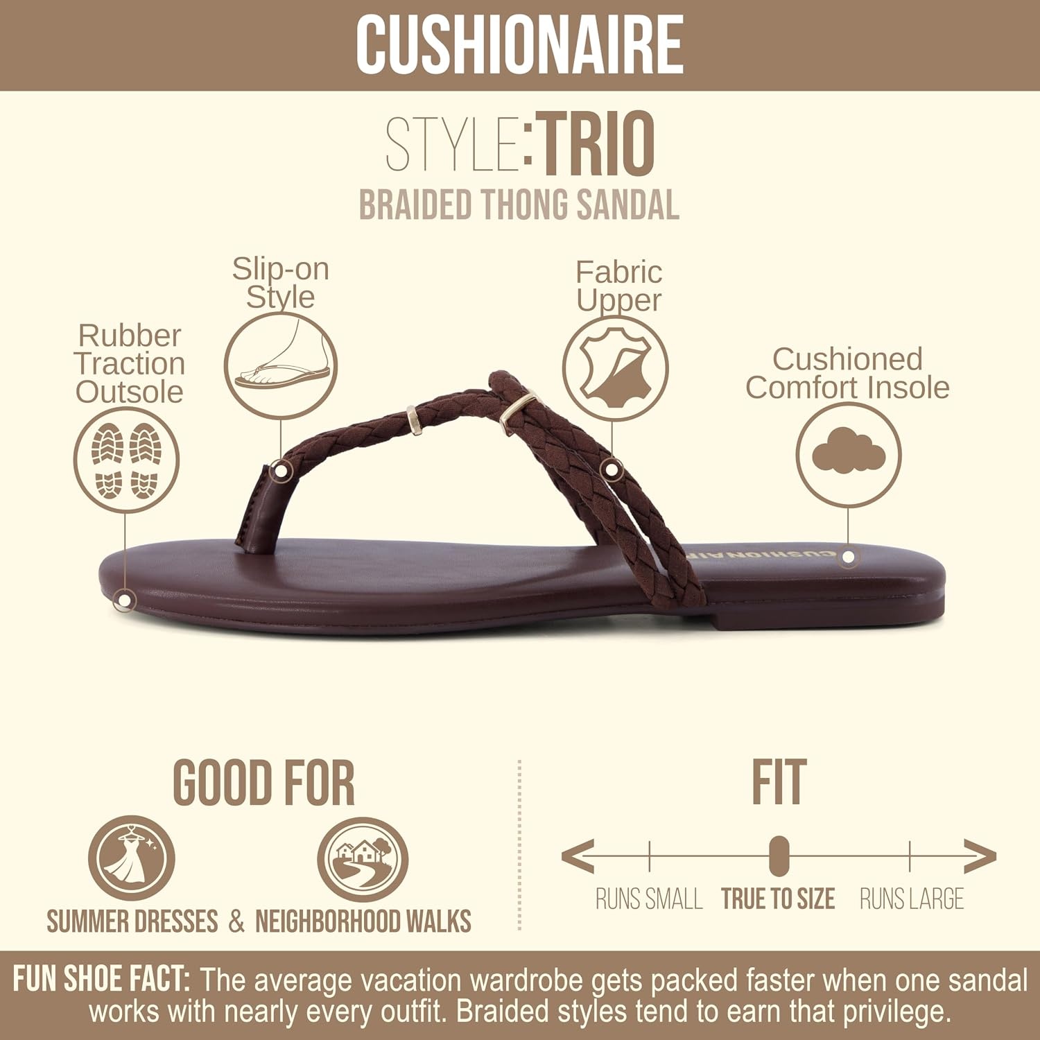 image:imageCUSHIONAIRE Trio Flip Flops for Women Comfortable Beach Sandals with Braided Thong Strap Memory Foam Footbed and Metallic Ring AccentsChocolate