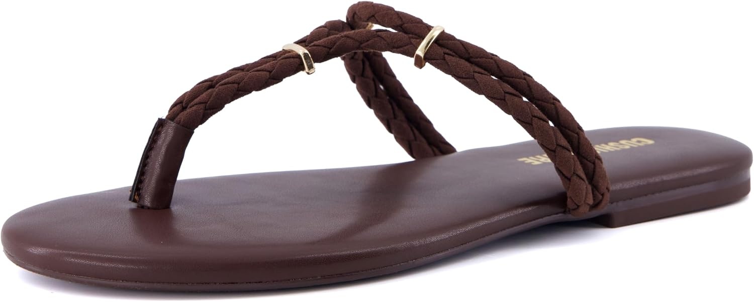 image:imageCUSHIONAIRE Trio Flip Flops for Women Comfortable Beach Sandals with Braided Thong Strap Memory Foam Footbed and Metallic Ring AccentsChocolate