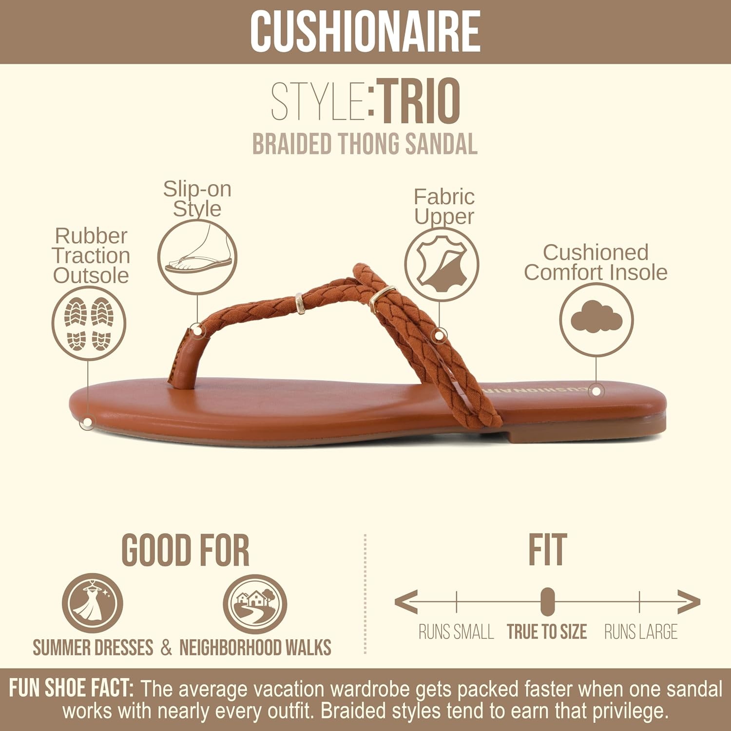 image:imageCUSHIONAIRE Trio Flip Flops for Women Comfortable Beach Sandals with Braided Thong Strap Memory Foam Footbed and Metallic Ring AccentsCognac