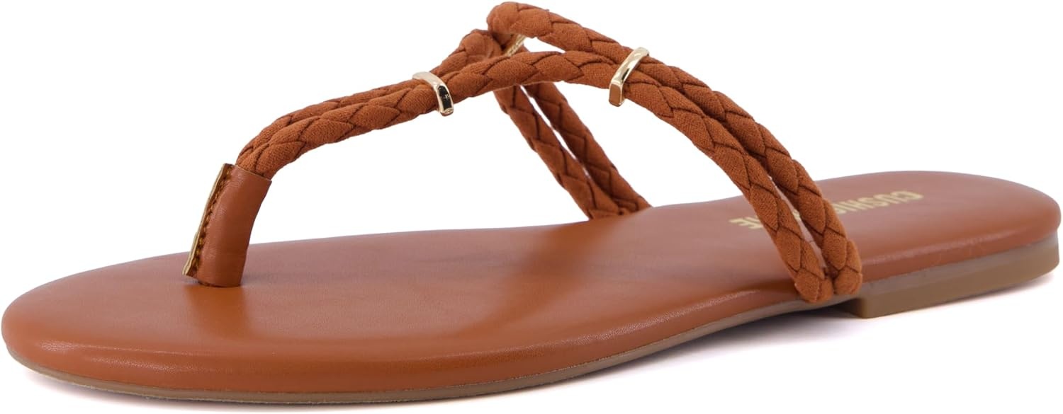 image:imageCUSHIONAIRE Trio Flip Flops for Women Comfortable Beach Sandals with Braided Thong Strap Memory Foam Footbed and Metallic Ring AccentsCognac