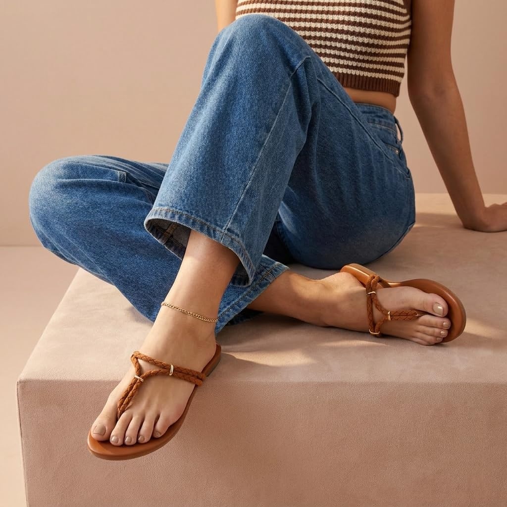 image:imageCUSHIONAIRE Trio Flip Flops for Women Comfortable Beach Sandals with Braided Thong Strap Memory Foam Footbed and Metallic Ring AccentsCognac