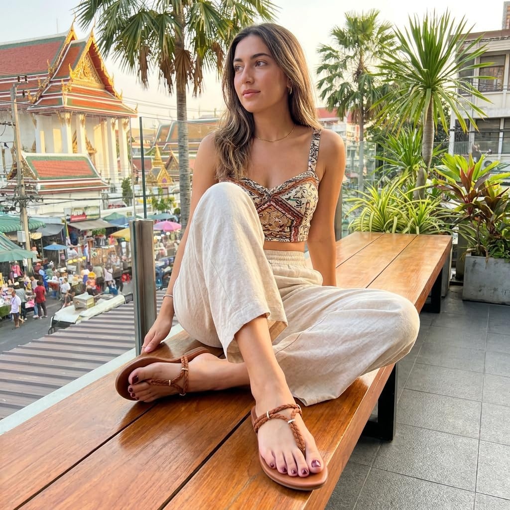 image:imageCUSHIONAIRE Trio Flip Flops for Women Comfortable Beach Sandals with Braided Thong Strap Memory Foam Footbed and Metallic Ring AccentsCognac