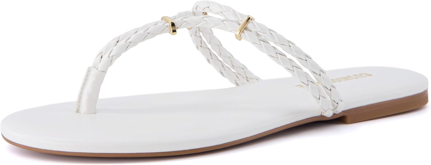 image:imageCUSHIONAIRE Trio Flip Flops for Women Comfortable Beach Sandals with Braided Thong Strap Memory Foam Footbed and Metallic Ring AccentsIvory