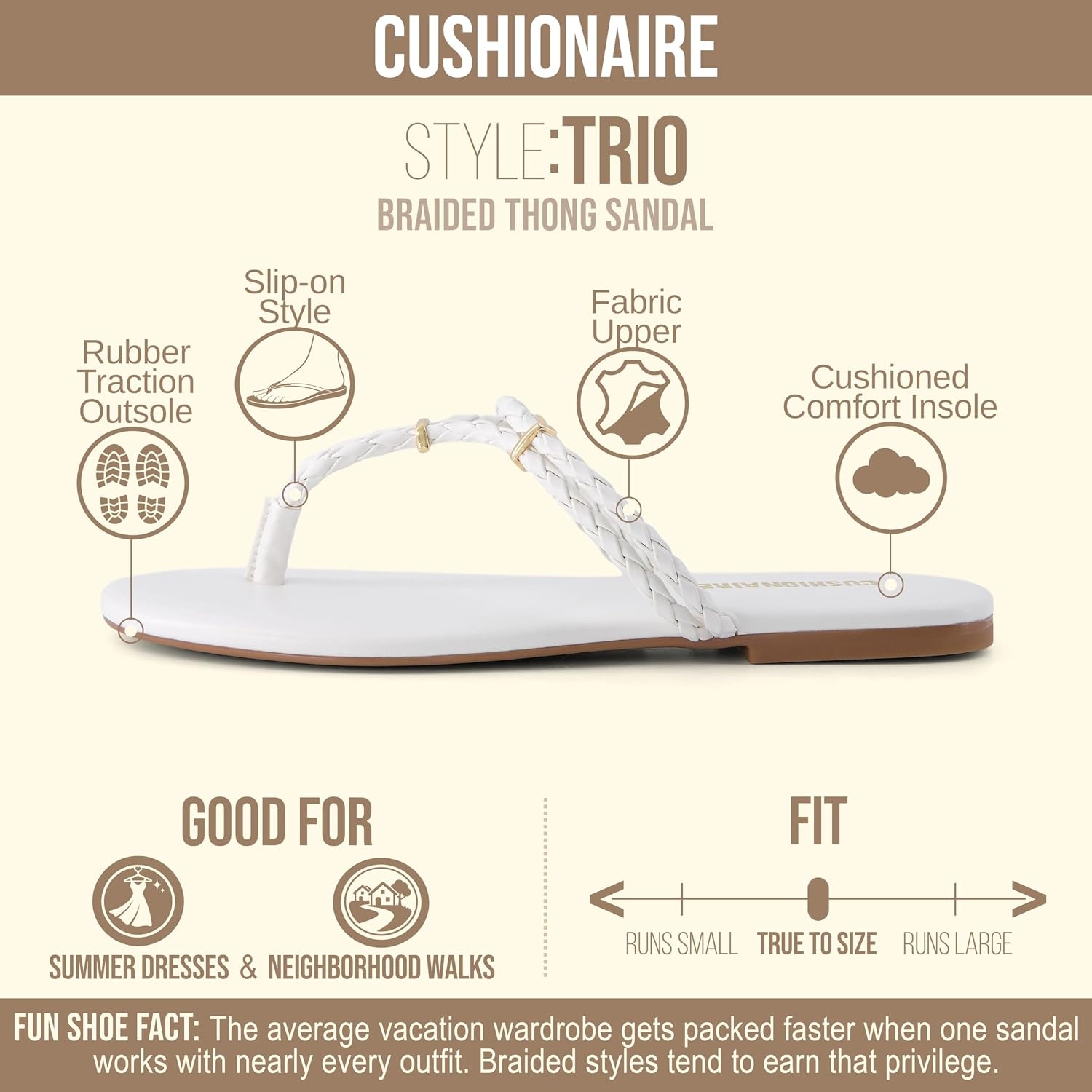 image:imageCUSHIONAIRE Trio Flip Flops for Women Comfortable Beach Sandals with Braided Thong Strap Memory Foam Footbed and Metallic Ring AccentsIvory