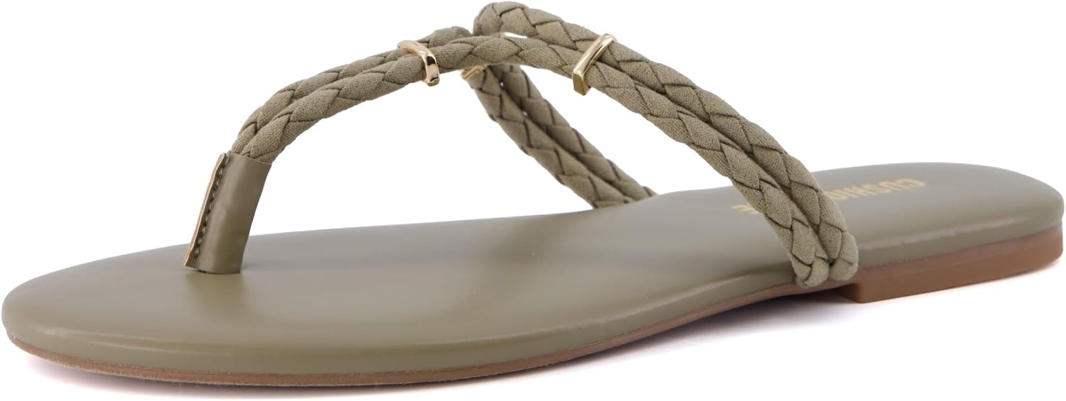 image:imageCUSHIONAIRE Trio Flip Flops for Women Comfortable Beach Sandals with Braided Thong Strap Memory Foam Footbed and Metallic Ring AccentsSage