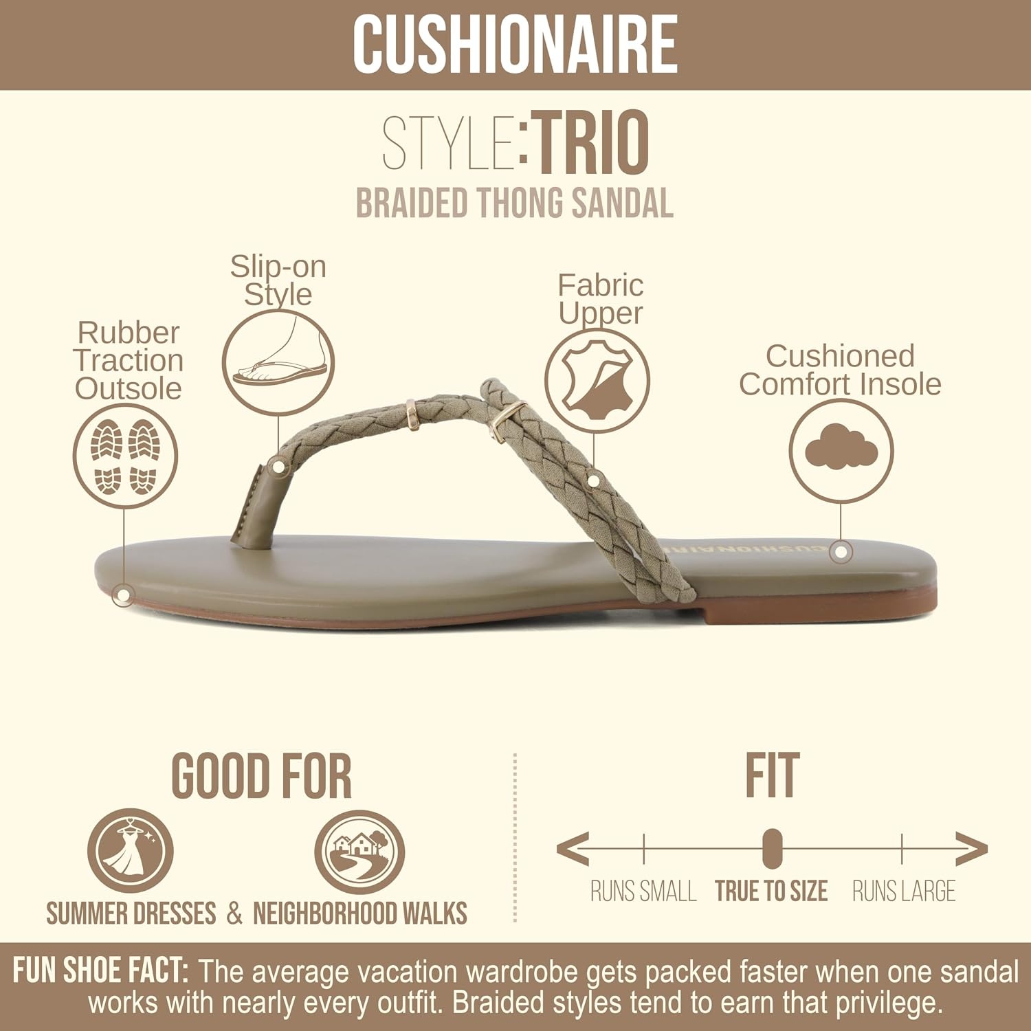 image:imageCUSHIONAIRE Trio Flip Flops for Women Comfortable Beach Sandals with Braided Thong Strap Memory Foam Footbed and Metallic Ring AccentsSage