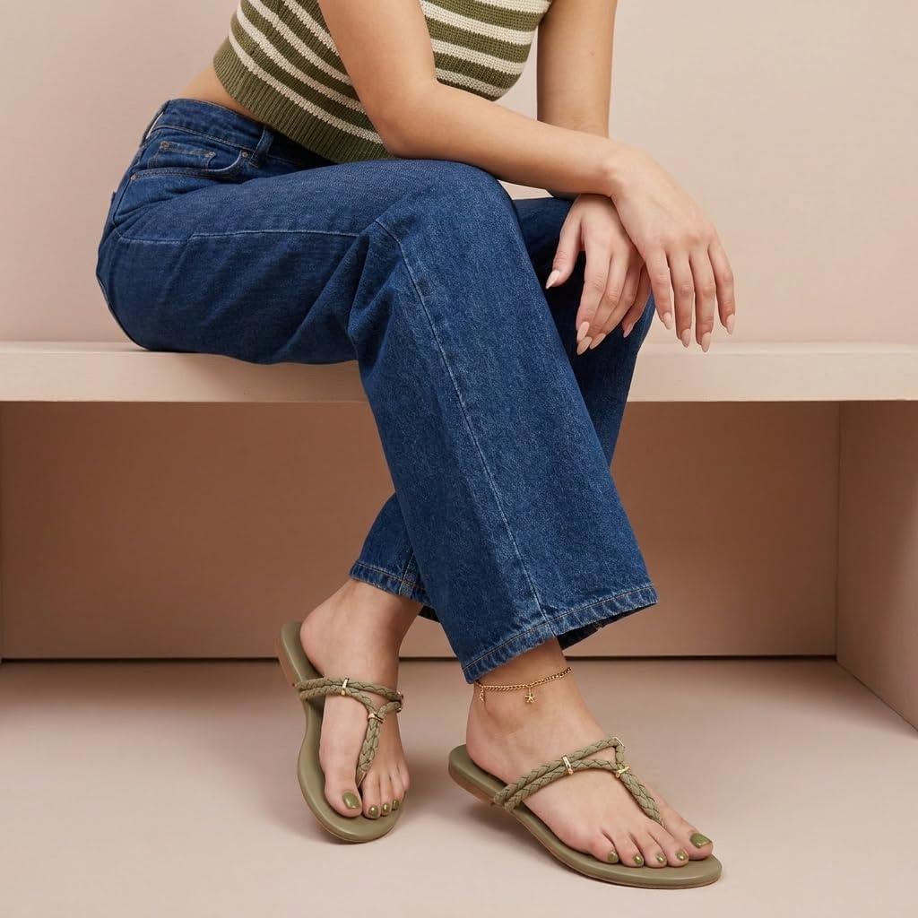image:imageCUSHIONAIRE Trio Flip Flops for Women Comfortable Beach Sandals with Braided Thong Strap Memory Foam Footbed and Metallic Ring AccentsSage