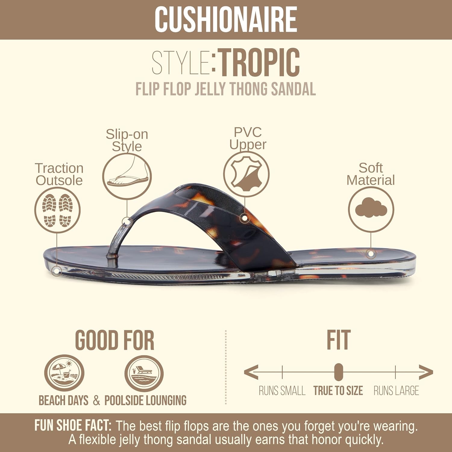 image:imageCUSHIONAIRE Tropic Thong Jelly Flip Flops for Women with Square Toe and Wide Strap Design Comfortable Lightweight Womens SandalsTortoise