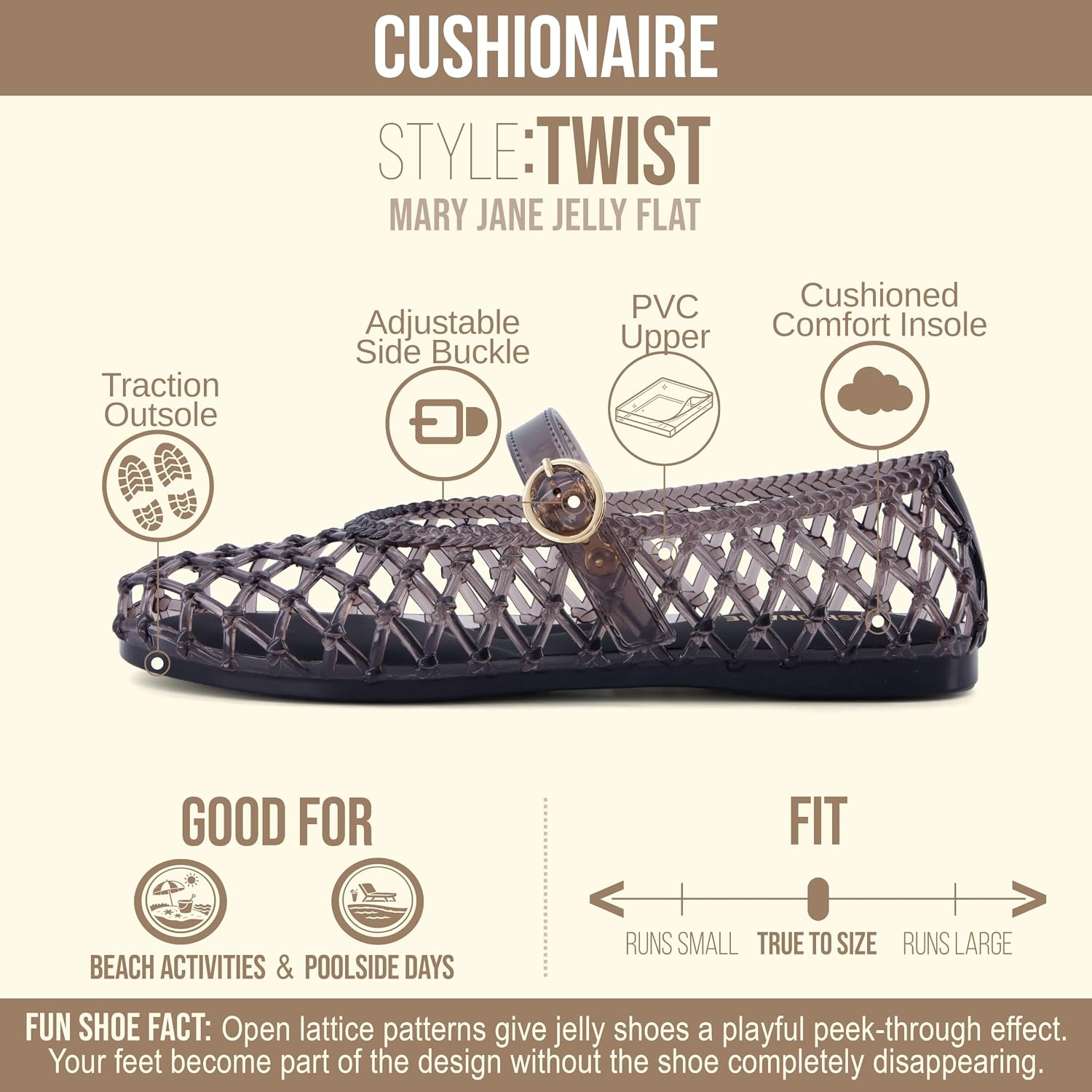 image:imageCUSHIONAIRE Twist Mary Jane Jelly Flats for Women with Adjustable BuckleSmoke