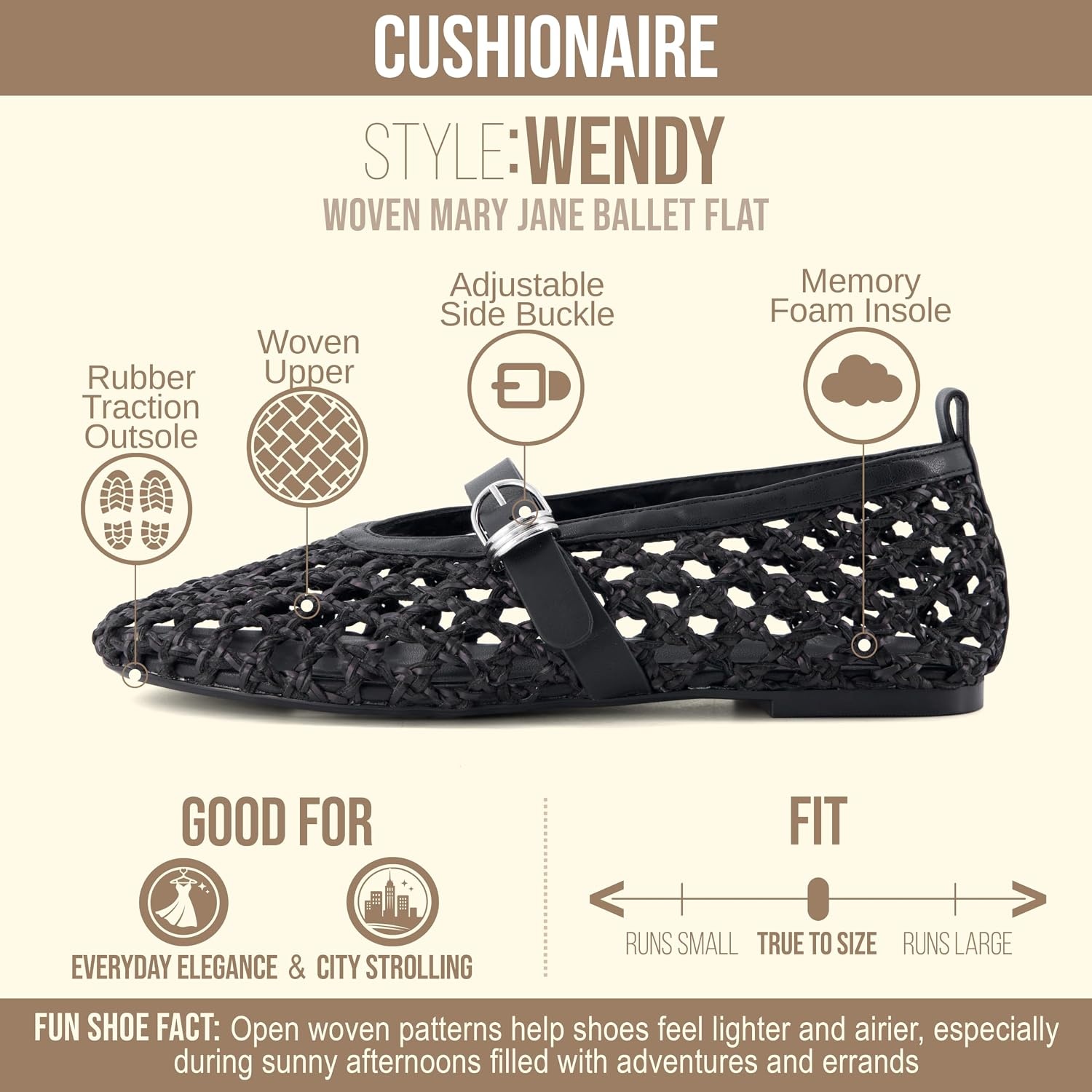 image:imageCUSHIONAIRE Wendy Woven Mary Jane Flats for Women with Memory FoamBlack