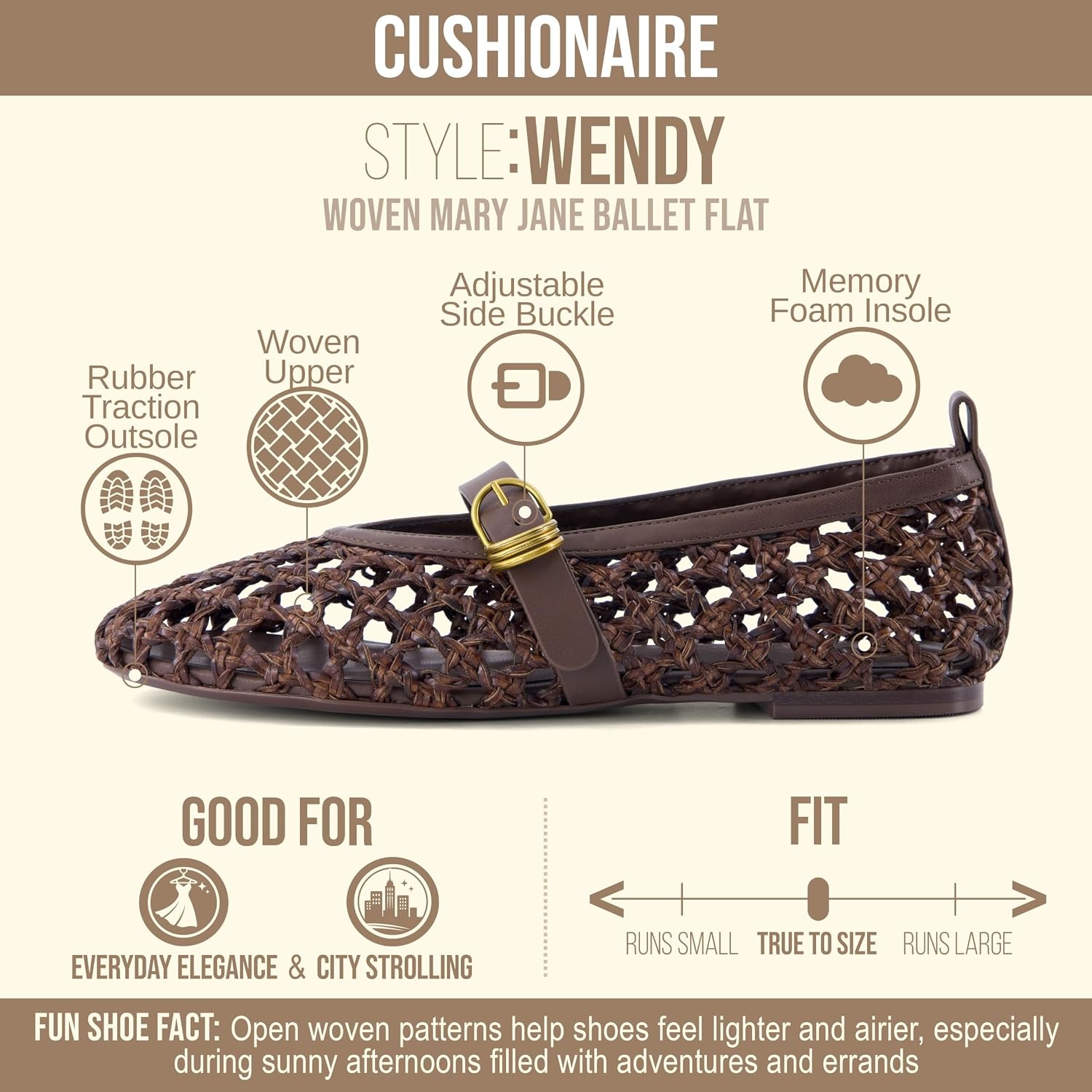 image:imageCUSHIONAIRE Wendy Woven Mary Jane Flats for Women with Memory FoamBrown