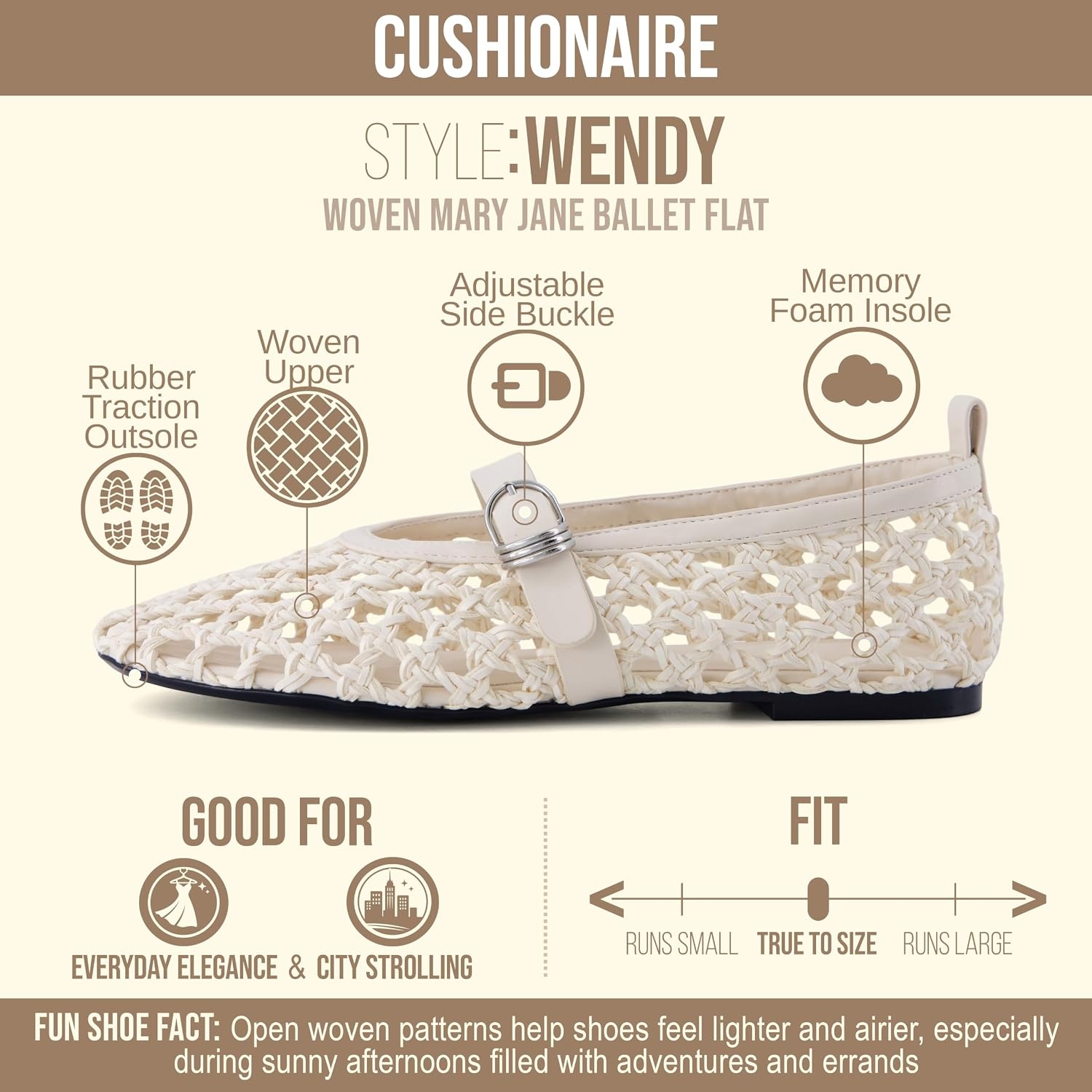 image:imageCUSHIONAIRE Wendy Woven Mary Jane Flats for Women with Memory FoamIvory