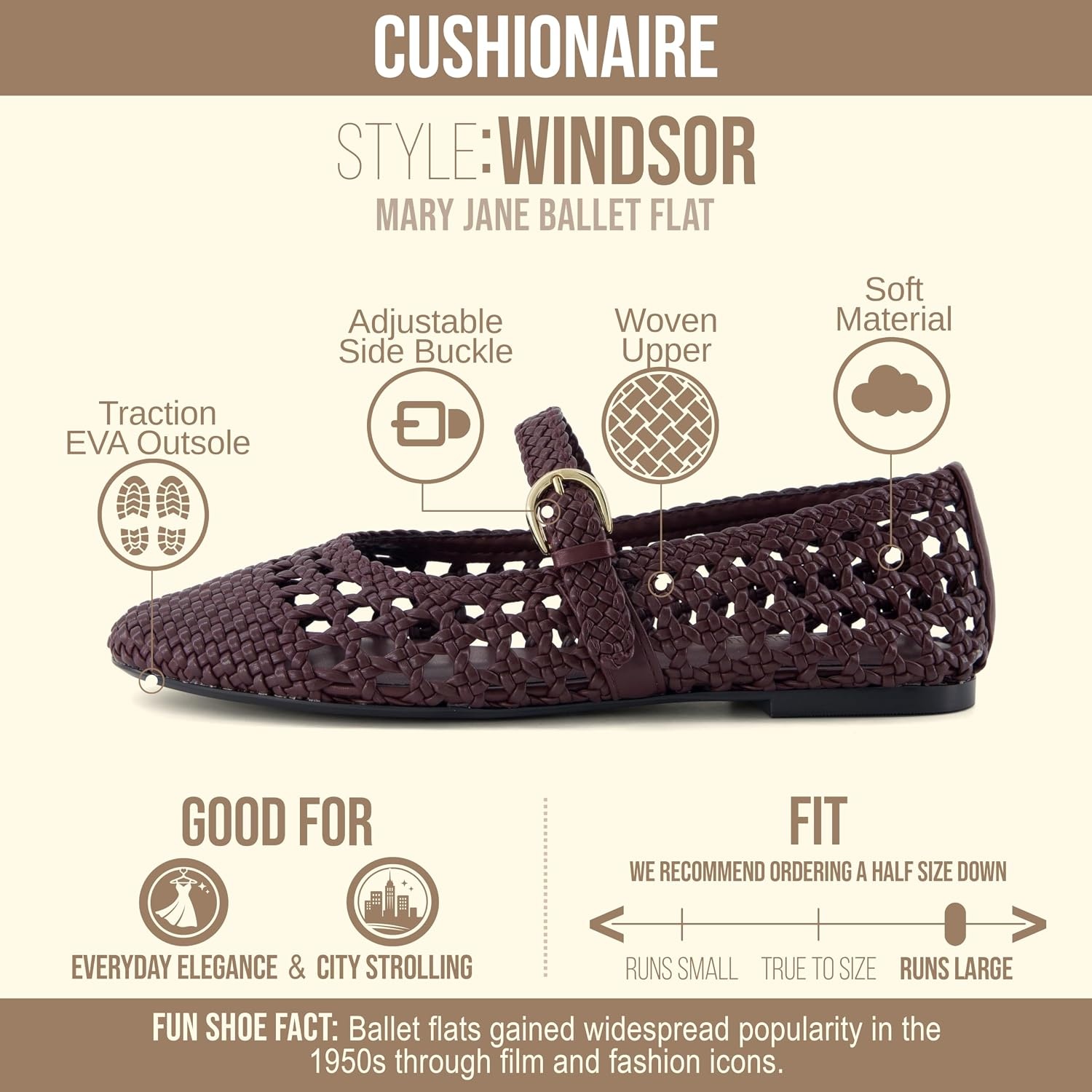 image:imageCUSHIONAIRE Windsor Woven Womens Flats with Adjustable Strap Comfortable Mary Jane Ballet Flats for WomenBurgundy