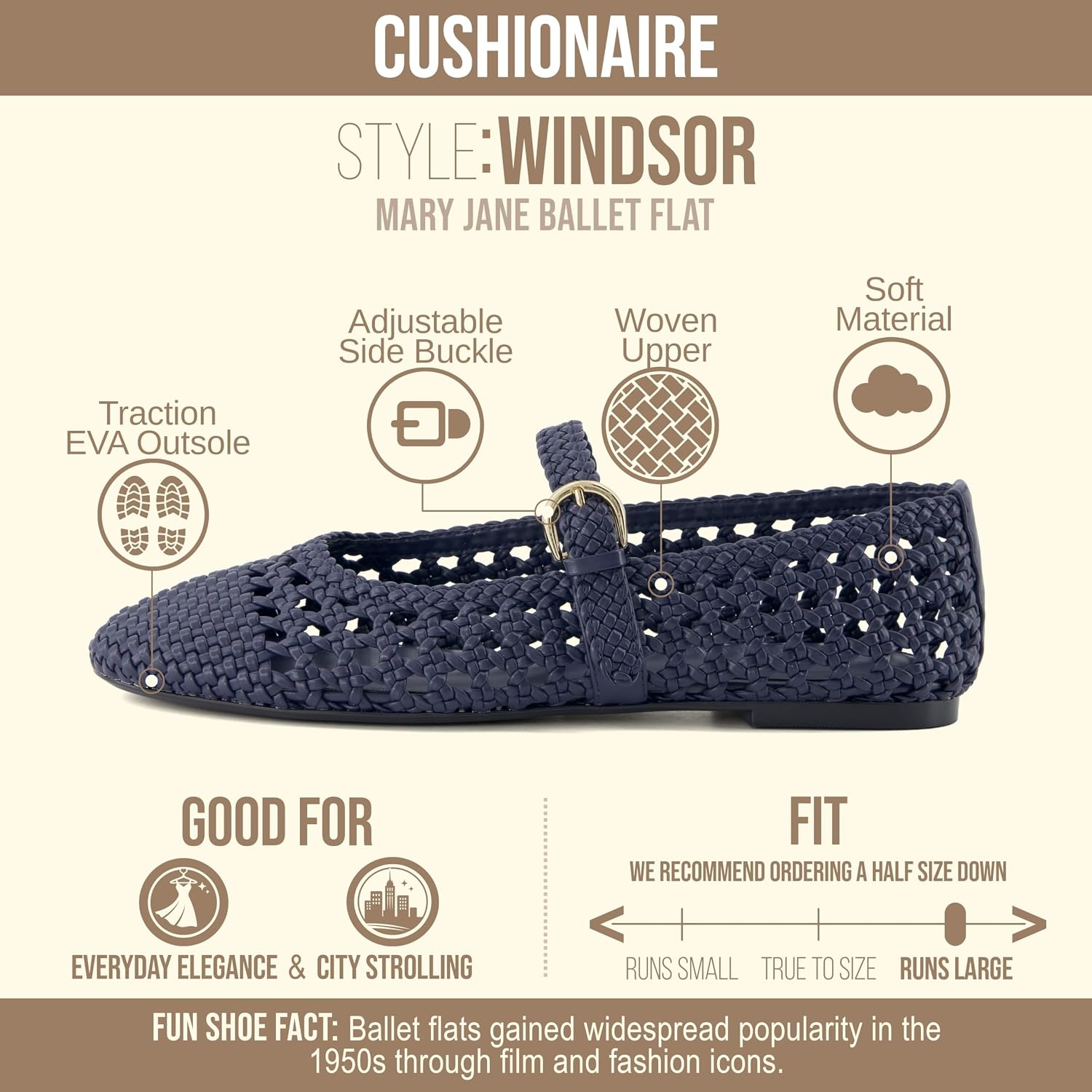 image:imageCUSHIONAIRE Windsor Woven Womens Flats with Adjustable Strap Comfortable Mary Jane Ballet Flats for WomenNavy