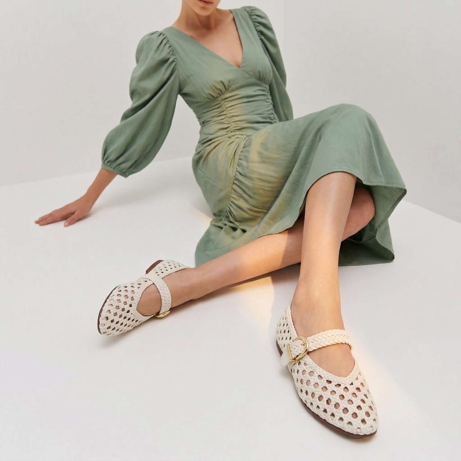 image:imageCUSHIONAIRE Wit Hand Woven Womens Flats Comfortable Mary Jane Ballet Flat with Adjustable Buckle Braided Strap and Cushioned Memory FoamCream