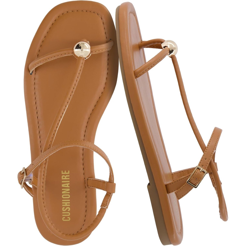 image:imageCUSHIONAIRE Alias Squared Toe Womens Sandals TStrap Flat Sandal with Cushioned Footbed and Adjustable Ankle StrapCognac
