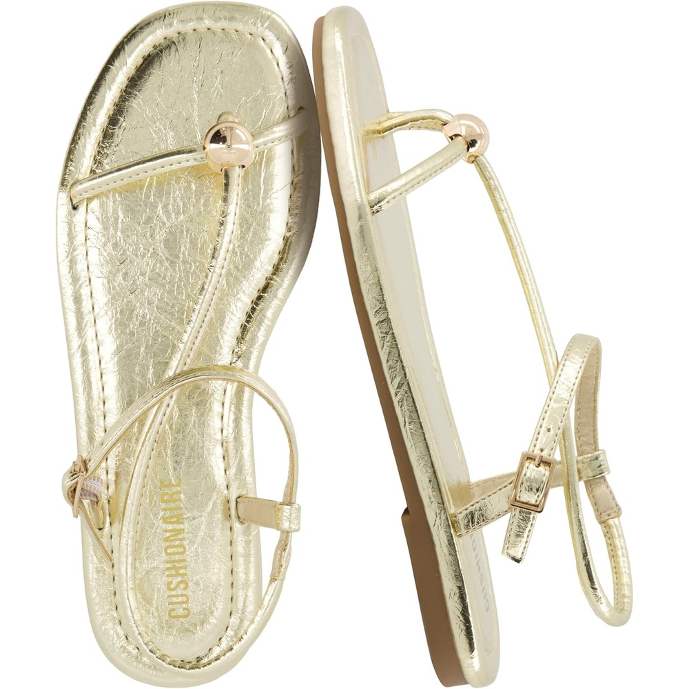image:imageCUSHIONAIRE Alias Squared Toe Womens Sandals TStrap Flat Sandal with Cushioned Footbed and Adjustable Ankle StrapGold