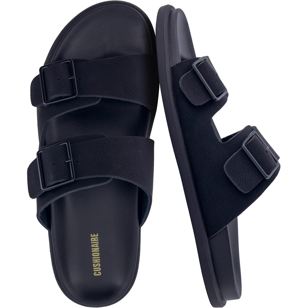 image:imageCUSHIONAIRE Alpha 100 Genuine Leather Mens Sandals Casual Slip On Flat Men Slides with Adjustable BucklesBlack