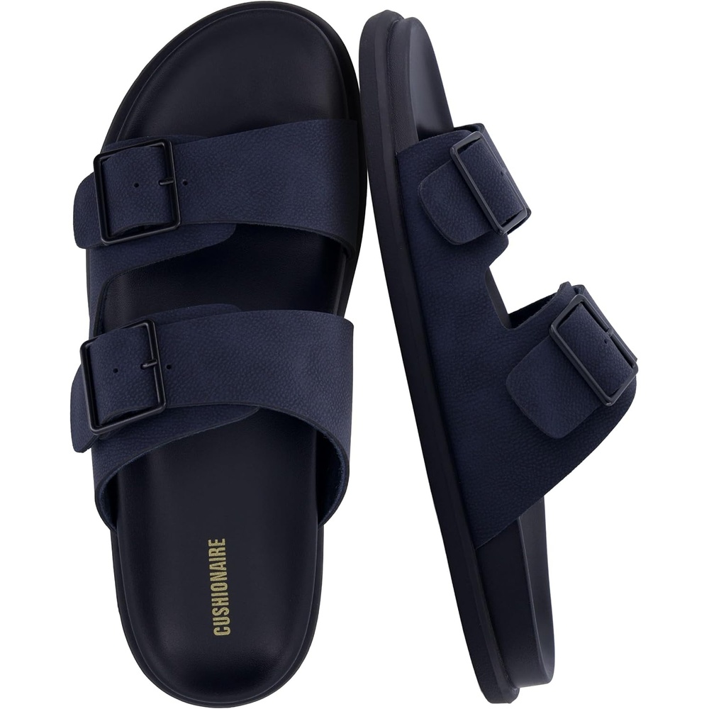 image:imageCUSHIONAIRE Alpha 100 Genuine Leather Mens Sandals Casual Slip On Flat Men Slides with Adjustable BucklesNavy