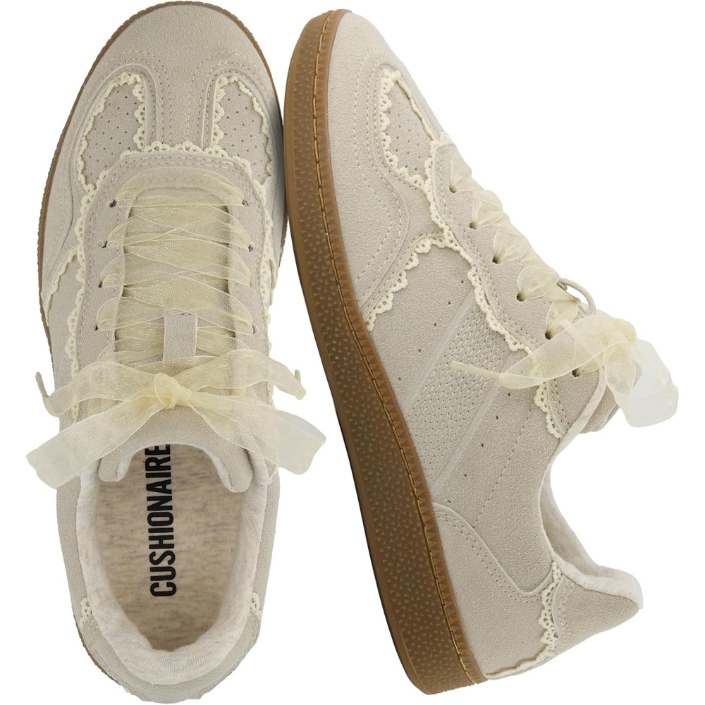 image:imageCUSHIONAIRE Belinda Womens Lace Detail Casual Sneakers  Elegant Ribbon LaceUp Shoes with Memory FoamIvory Vegan Suede