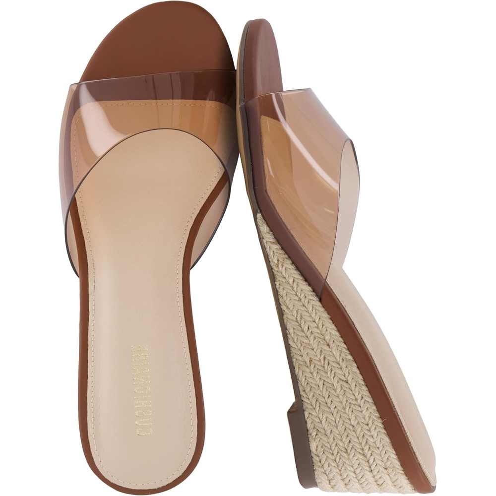 image:imageCUSHIONAIRE Brit Dress Wedge Sandals for Women Clear SlipOn Espadrille Heels with Soft Memory Foam ComfortWhiskey