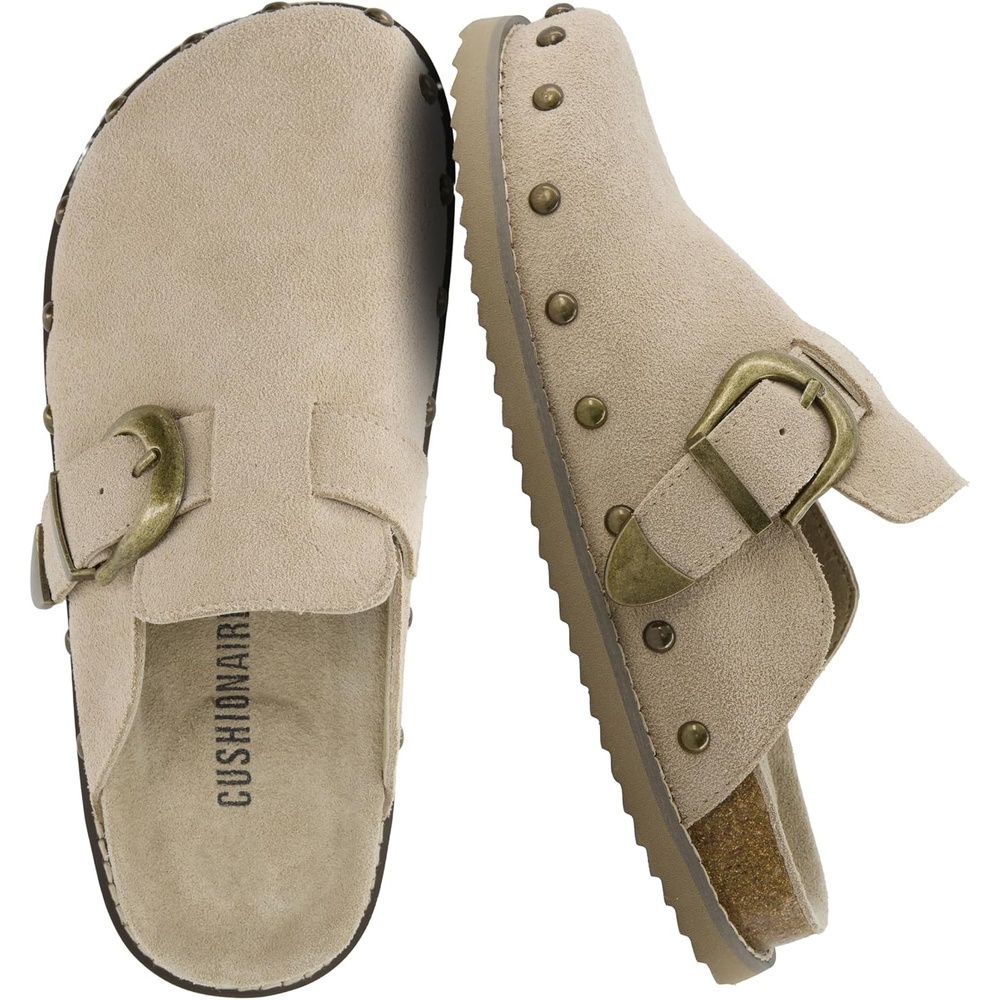 image:imageCUSHIONAIRE Bronco Slip On Mule Womens Shoes  Genuine Suede Leather Clogs with Adjustable Buckle and Studded Detailing Stylish Fall Shoes for WomenBiscuit