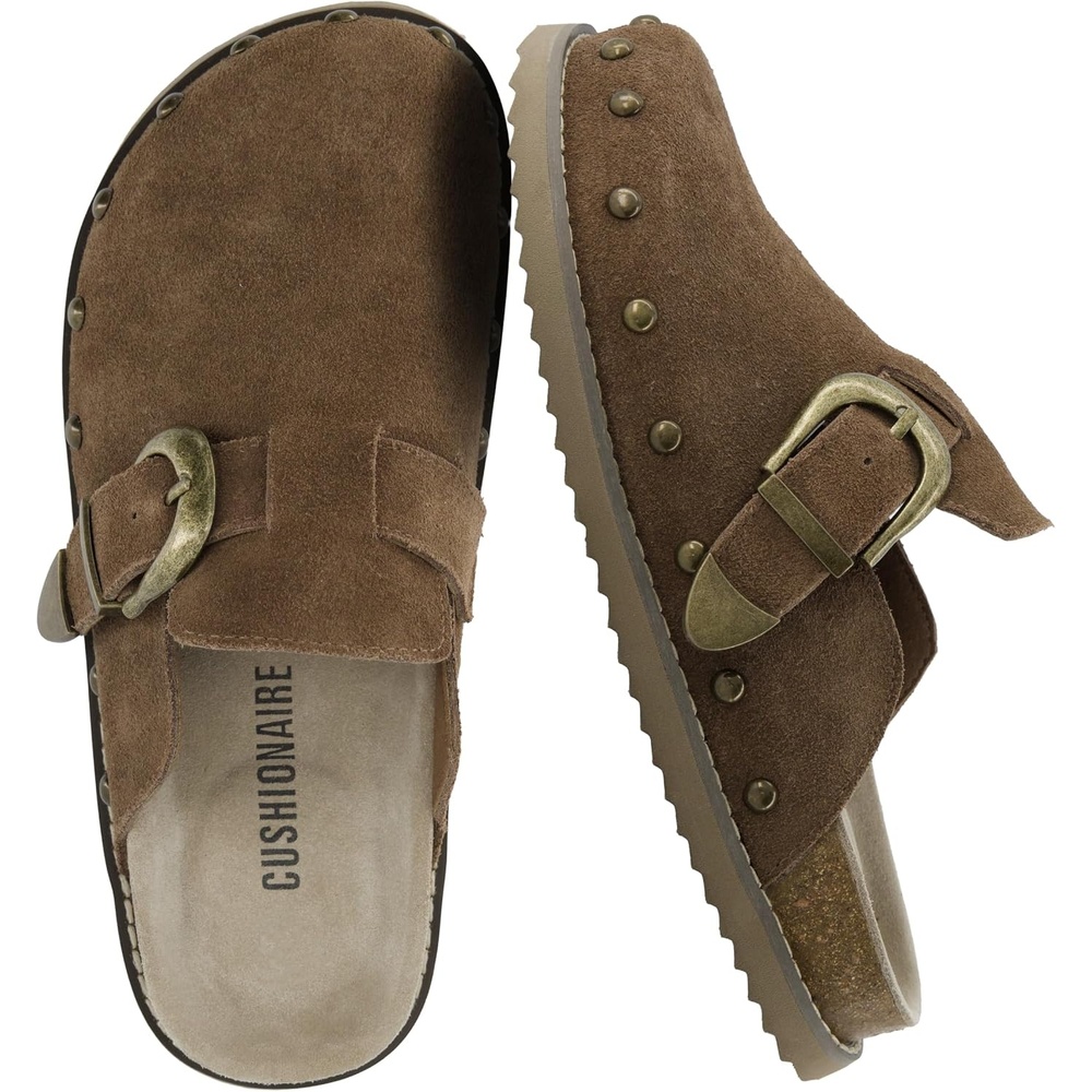 image:imageCUSHIONAIRE Bronco Slip On Mule Womens Shoes  Genuine Suede Leather Clogs with Adjustable Buckle and Studded Detailing Stylish Fall Shoes for WomenBrown