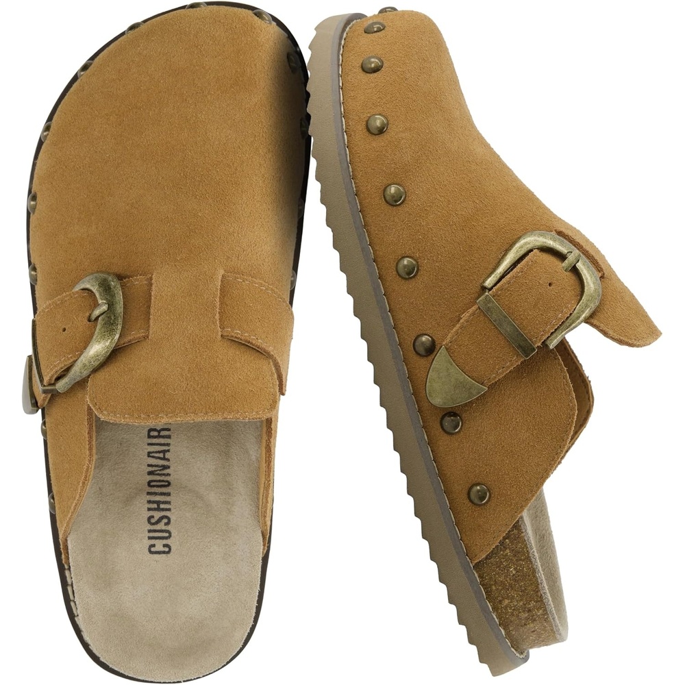 image:imageCUSHIONAIRE Bronco Slip On Mule Womens Shoes Genuine Suede Leather Clogs with Adjustable Buckle and Studded Detailing Stylish Fall Shoes for WomenChestnut