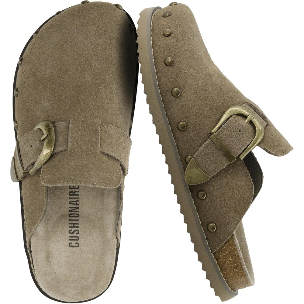 image:imageCUSHIONAIRE Bronco Slip On Mule Womens Shoes  Genuine Suede Leather Clogs with Adjustable Buckle and Studded Detailing Stylish Fall Shoes for WomenMoss