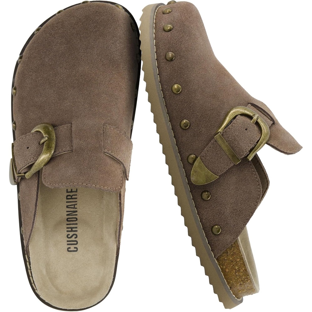 image:imageCUSHIONAIRE Bronco Slip On Mule Womens Shoes Genuine Suede Leather Clogs with Adjustable Buckle and Studded Detailing Stylish Fall Shoes for WomenTaupe