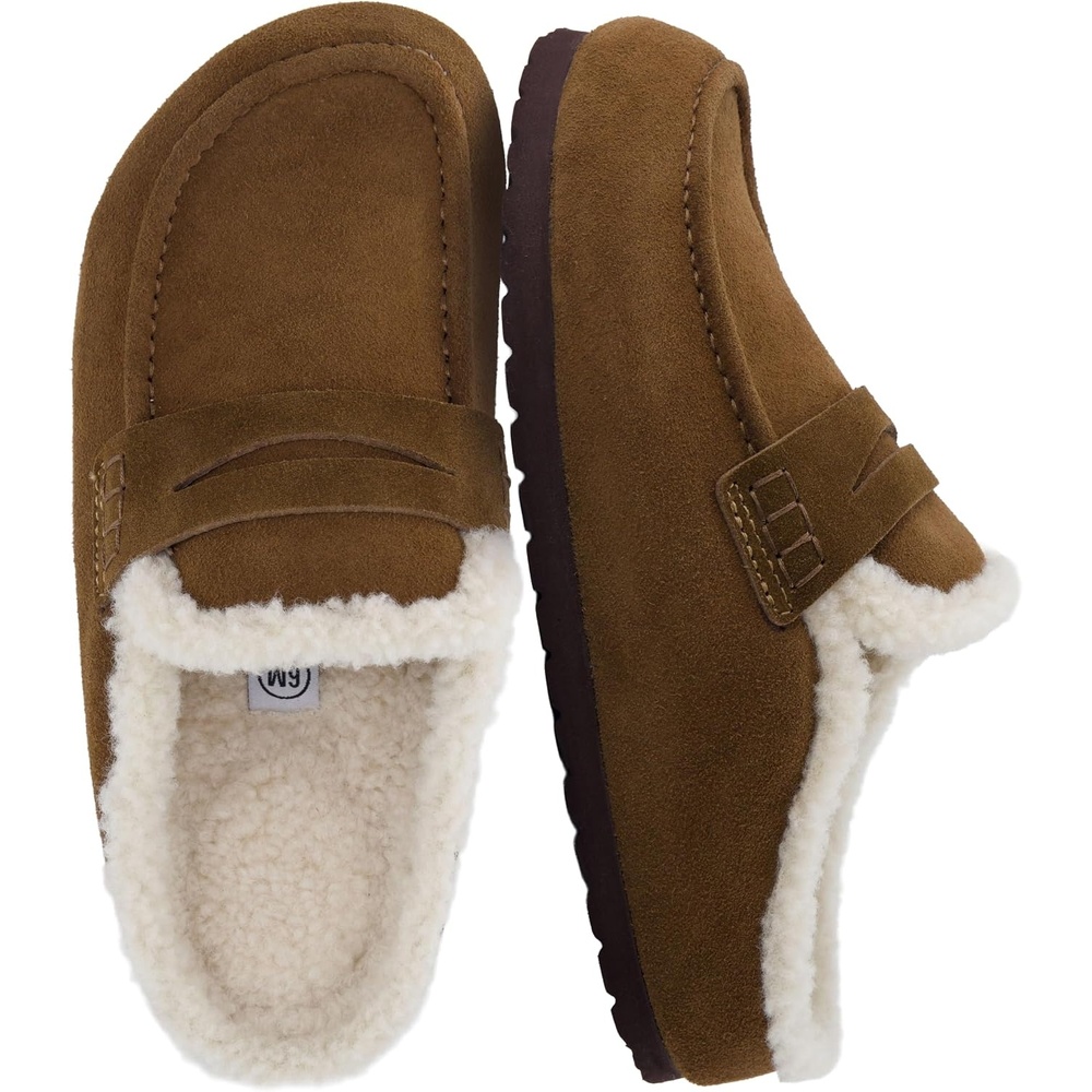 image:imageCUSHIONAIRE Casey Genuine Suede Moccasin Slippers for Women Cozy House Shoes with Moc Toe and Penny Loafer StrapBrown