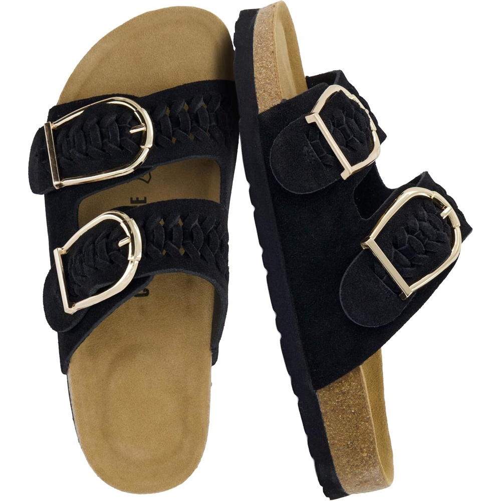 image:imageCUSHIONAIRE Cashew Slip On Womens Sandals Genuine Suede Leather Braided Double Strap Slide On Sandals with Adjustable Big Buckle for WomenBlack