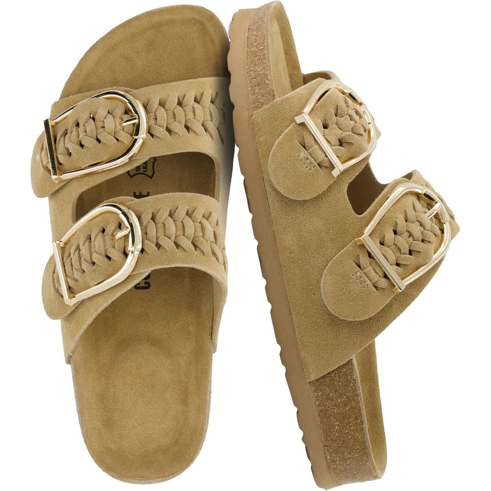 image:imageCUSHIONAIRE Cashew Slip On Womens Sandals Genuine Suede Leather Braided Double Strap Slide On Sandals with Adjustable Big Buckle for WomenSand
