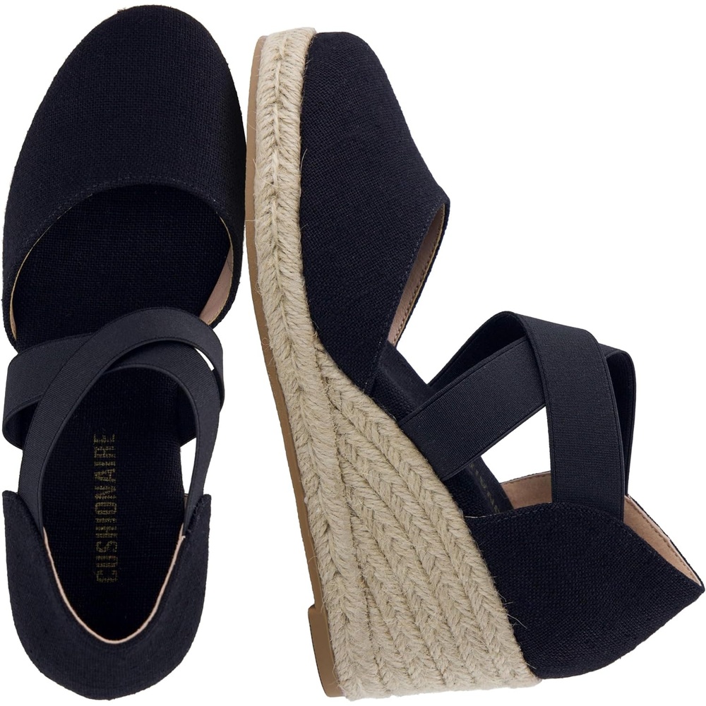 image:imageCUSHIONAIRE Chica Espadrille Wedge Sandals for Women Slip On Closed Toe Women Shoes with Elastic Straps and Stylish Everyday ComfortBlack