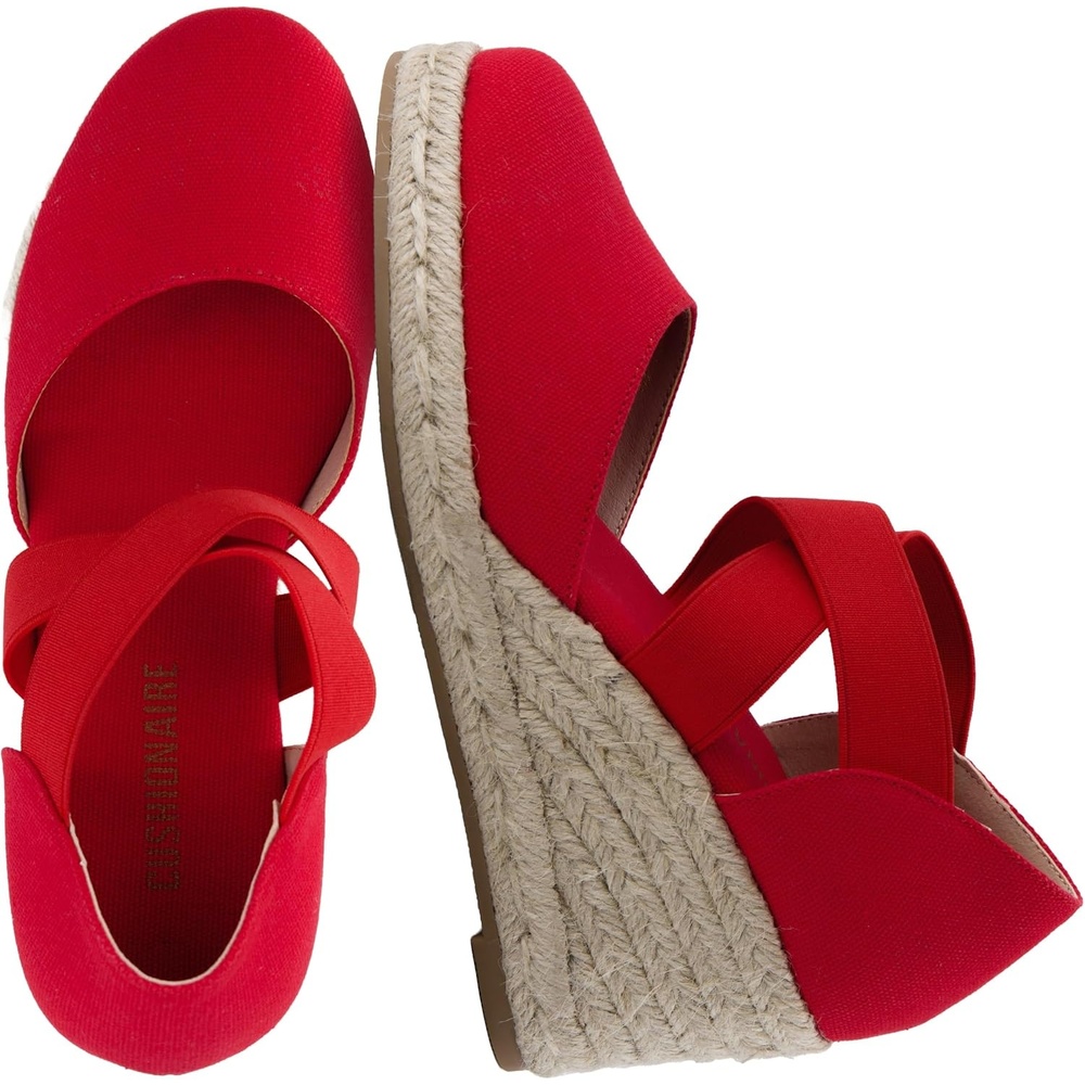 image:imageCUSHIONAIRE Chica Espadrille Wedge Sandals for Women Slip On Closed Toe Women Shoes with Elastic Straps and Stylish Everyday ComfortRed