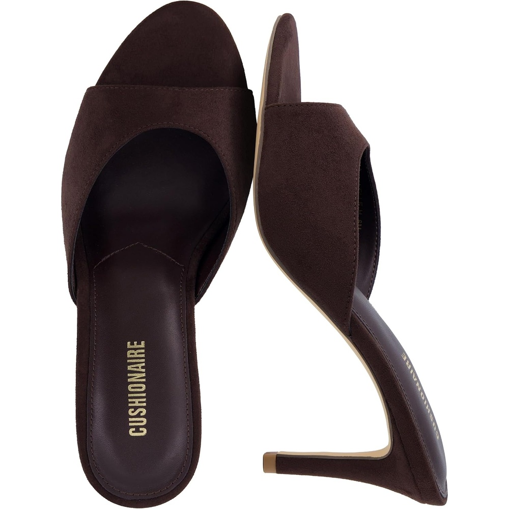 image:imageCUSHIONAIRE Elle Pointed Heel Womens Sandal Open Toe Heeled Mule with Cushioned Memory and Stiletto DesignBrown Microsuede