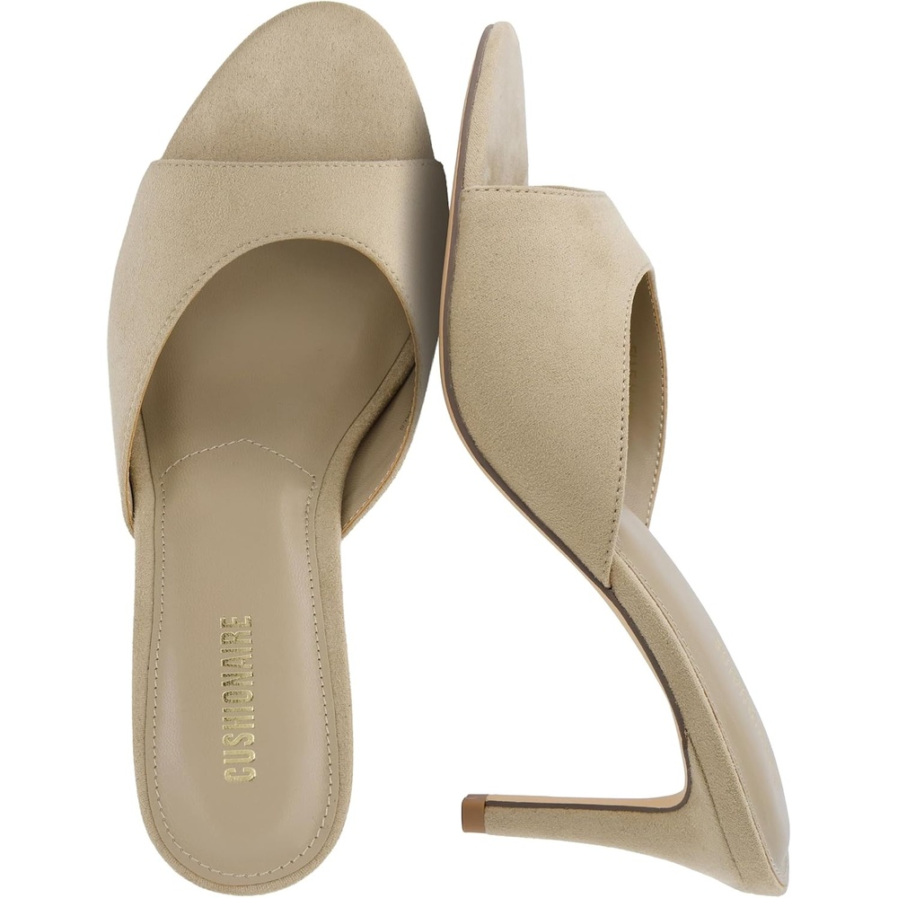 image:imageCUSHIONAIRE Elle Pointed Heel Womens Sandal Open Toe Heeled Mule with Cushioned Memory and Stiletto DesignTaupe Microsuede