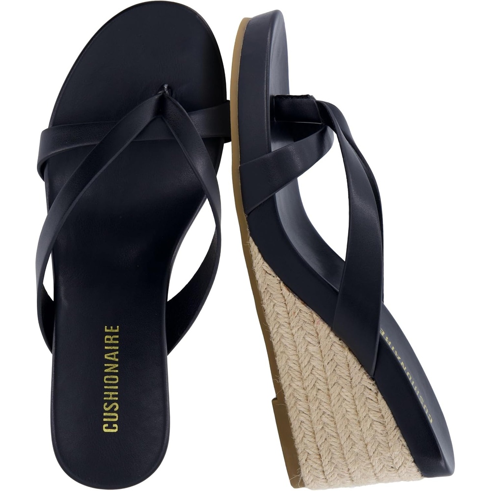 image:imageCUSHIONAIRE Ferry Espadrille Wedge Sandals for Women Thong Platform Flip Flops with Cross Strap and SlipOn DesignBlack