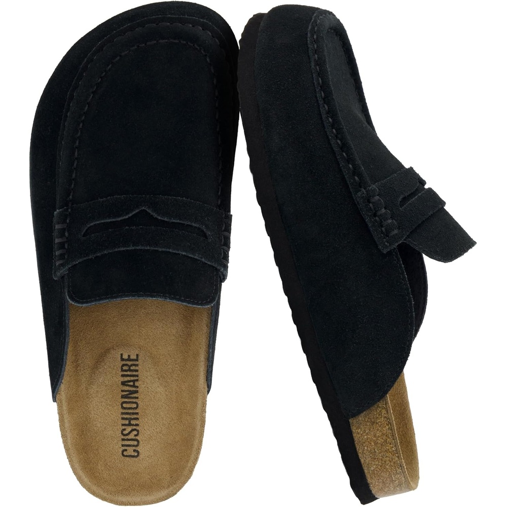 image:imageCUSHIONAIRE Fondu Genuine Leather Mule Clogs for Women Comfortable Slip On Womens Shoes with Penny Strap Accent and Memory Foam FootbedBlack