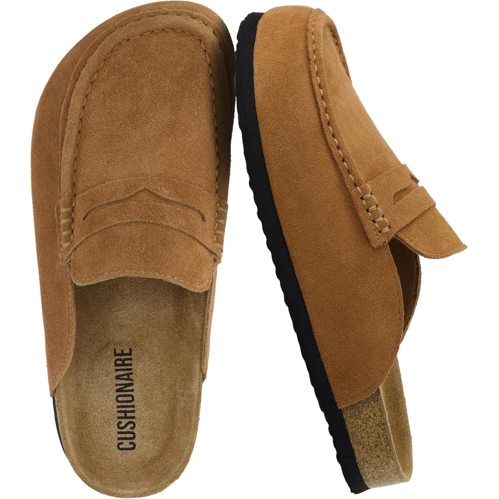 image:imageCUSHIONAIRE Fondu Genuine Leather Mule Clogs for Women Comfortable Slip On Womens Shoes with Penny Strap Accent and Memory Foam FootbedCognac