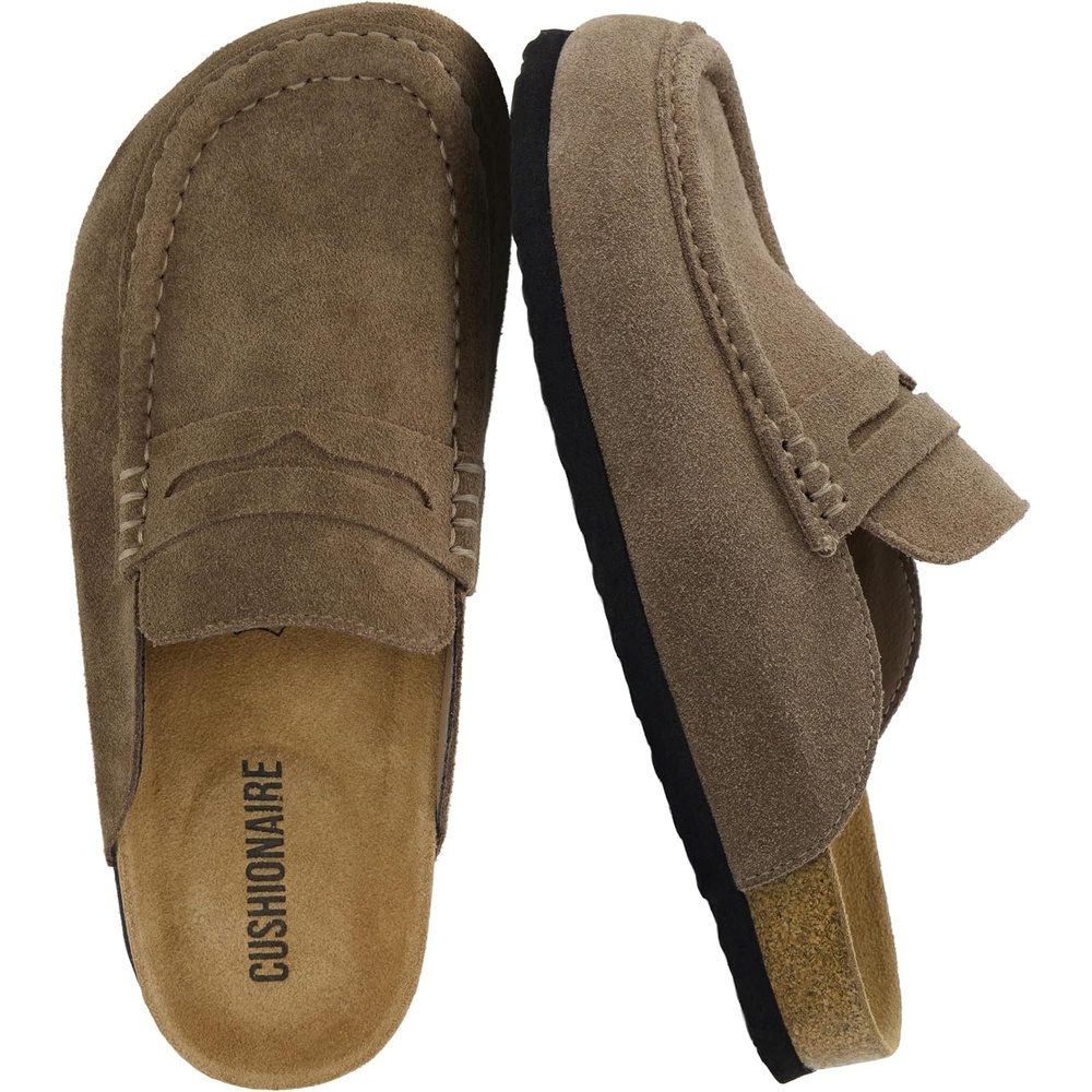 image:imageCUSHIONAIRE Fondu Genuine Leather Mule Clogs for Women Comfortable Slip On Womens Shoes with Penny Strap Accent and Memory Foam FootbedTaupe