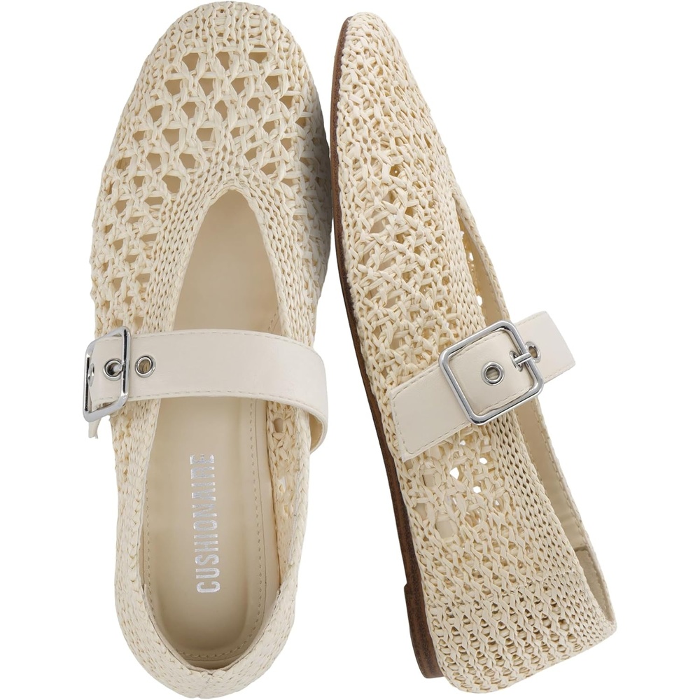 image:imageCUSHIONAIRE Gabby Woven Mary Jane Ballet Flats for Women Comfortable Dressy Flat Shoes with Adjustable GoldTone Buckle and Memory Foam CushioningBeige