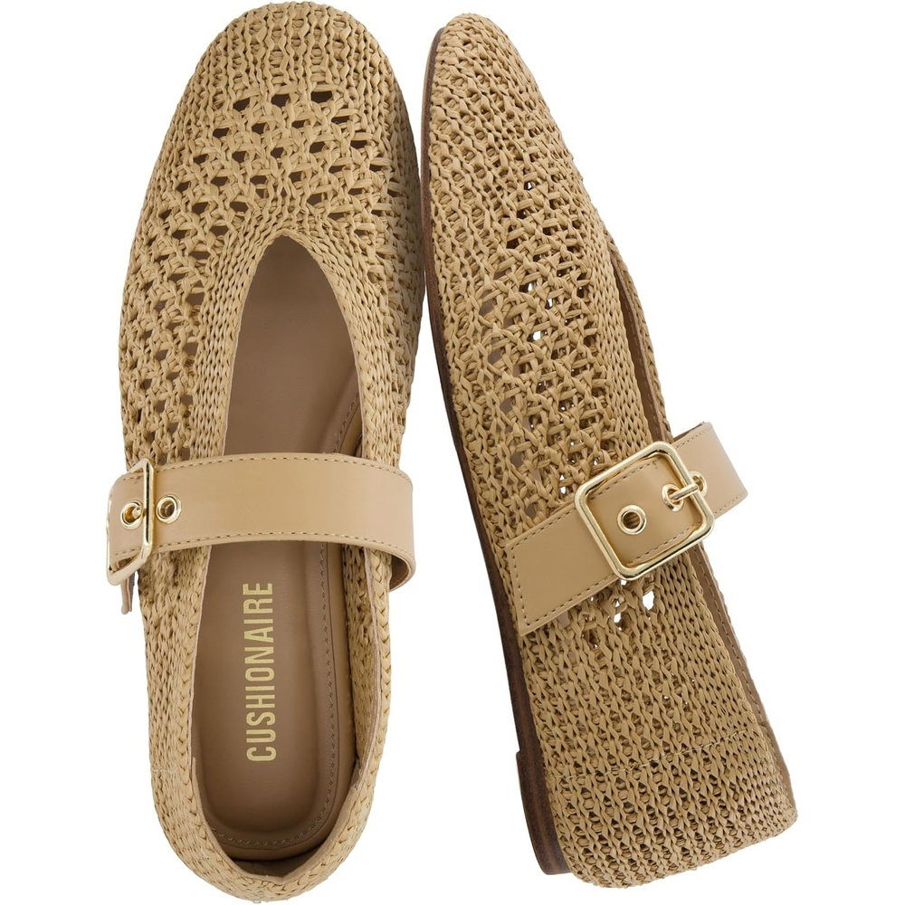 image:imageCUSHIONAIRE Gabby Woven Mary Jane Ballet Flats for Women Comfortable Dressy Flat Shoes with Adjustable GoldTone Buckle and Memory Foam CushioningBrown